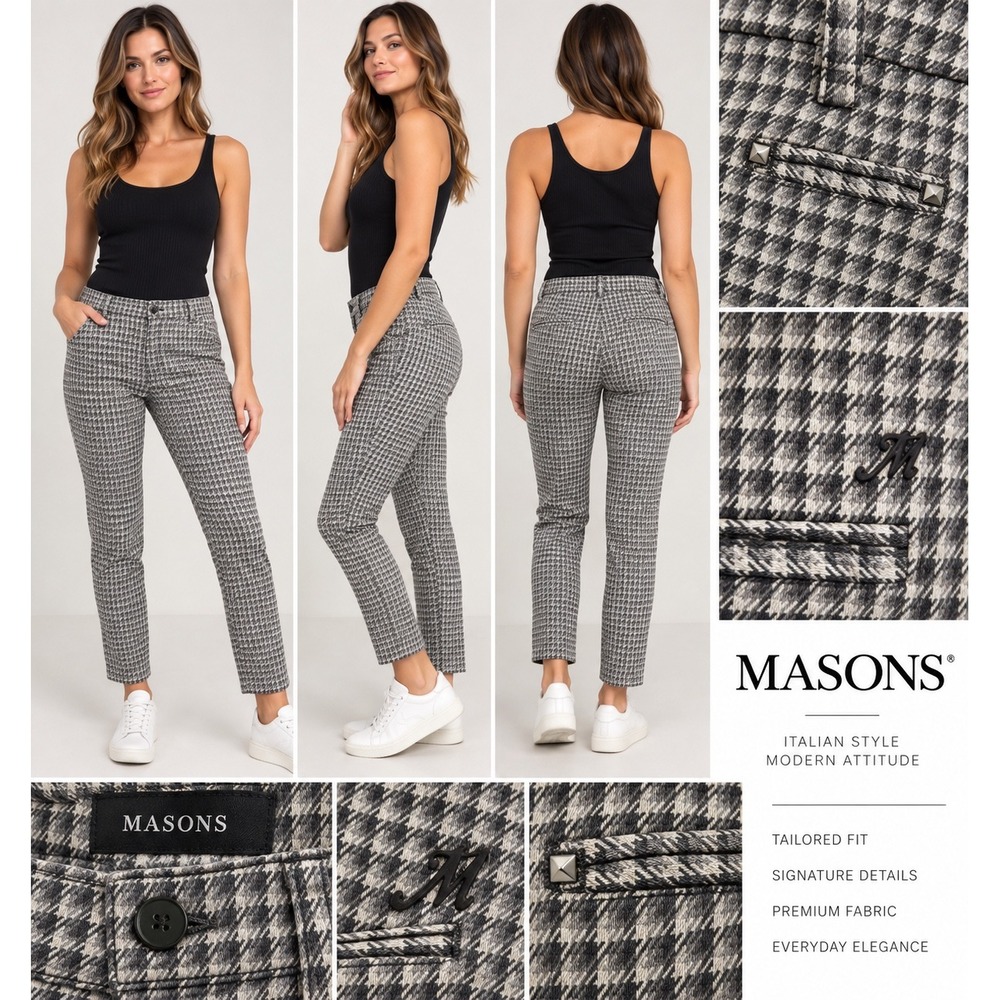 Masons New York Slim Womens IT 40 US 4 Check Stretch Trousers Gray Black Italy
